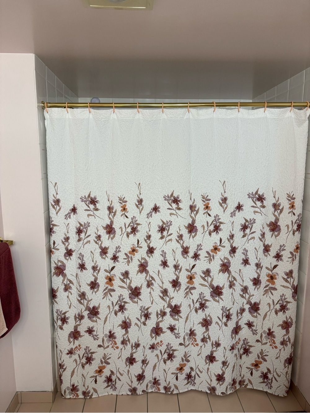 Floral Shower Curtain - White with Burgundy and Tan Accents